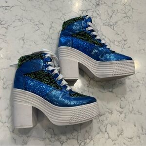 Jeffrey Campbell Blue Glitter Platform Lace-Up Sneaker Heels with Green Accents